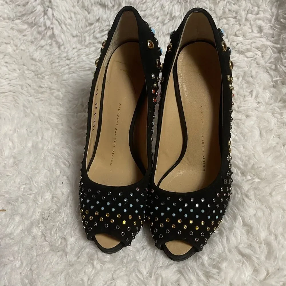 Giuseppe Zanotti Black Suede multi color  studs Peep Toe Platform Pumps EUR SZ37